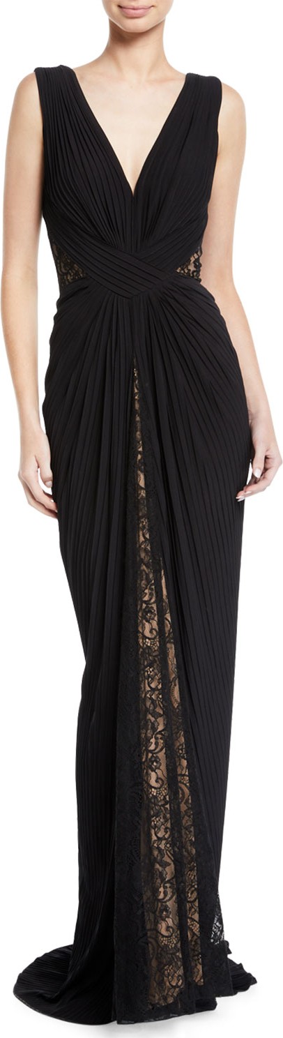 Tadashi Shoji Pintuck Jersey & Lace V-Neck Gown
