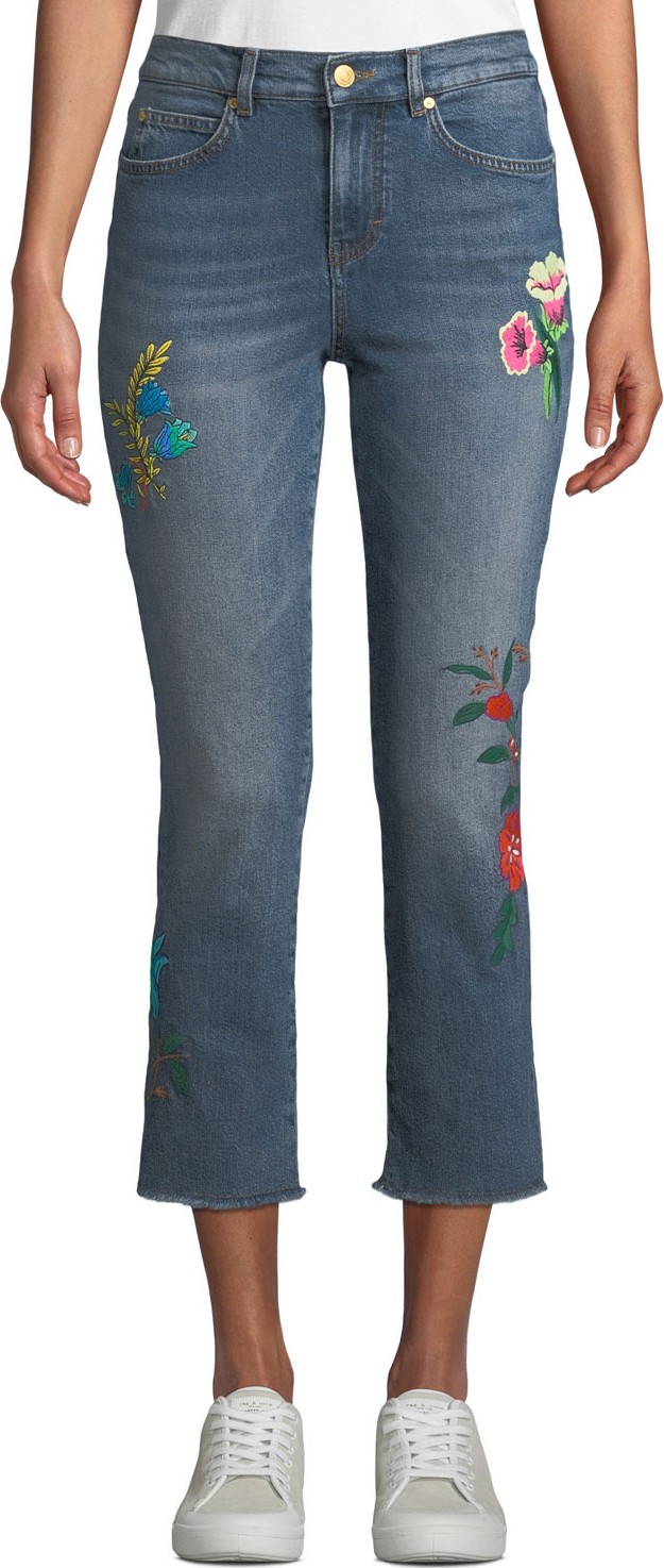 Escada Sport Floral-Embroidered Cropped Straight-Leg Jeans