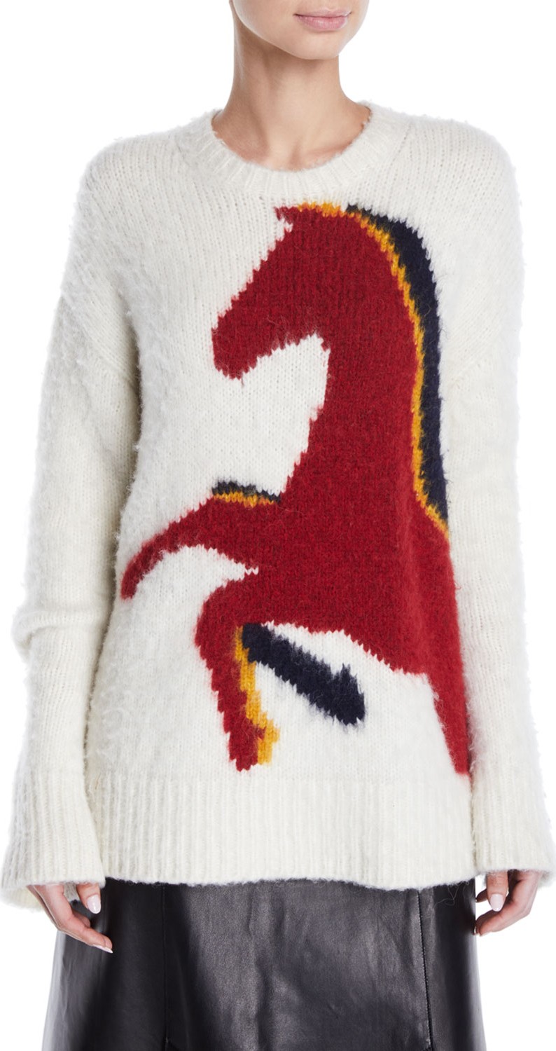 Derek Lam Crewneck Long-Sleeve Horse-Intarsia Wool-Alpaca Sweater