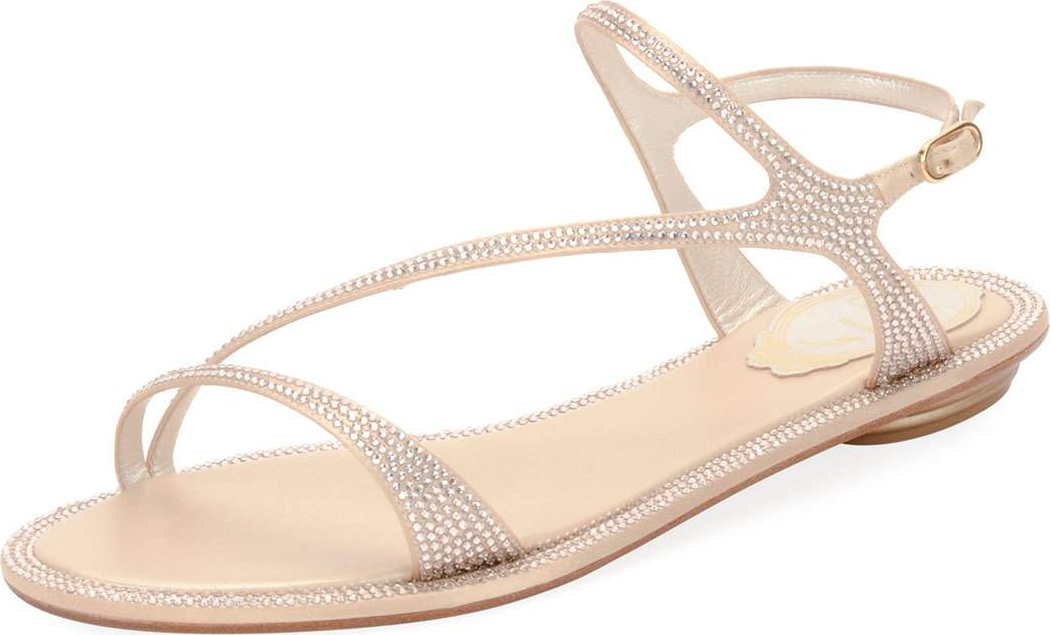 Rene Caovilla Strass Flat Strappy Sandal, Neutral
