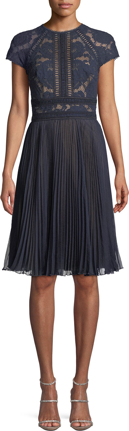 Tadashi Shoji Short-Sleeve Lace & Pleated Jacquard Cocktail Dress