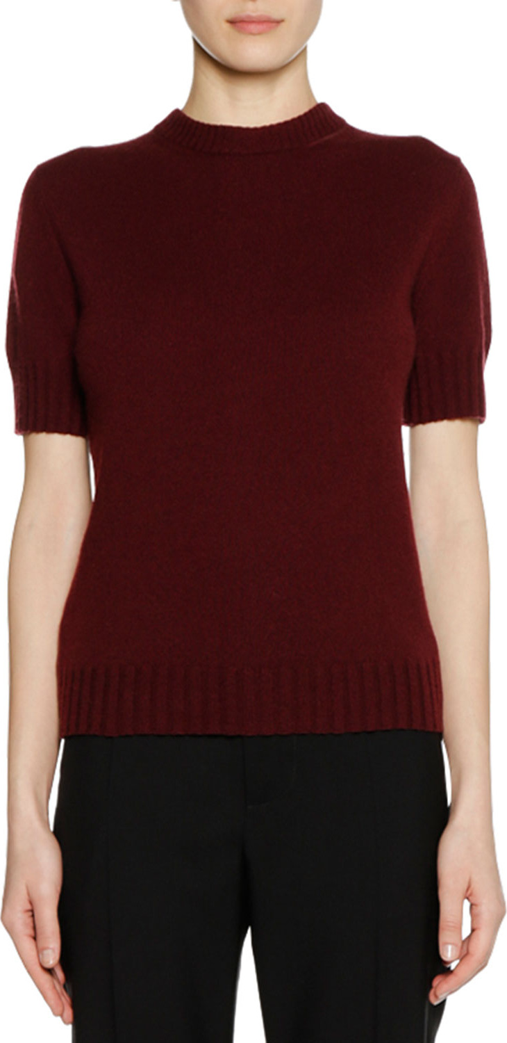 Marni Short-Sleeve Bicolor Cashmere Sweater with Leather Zip Detail