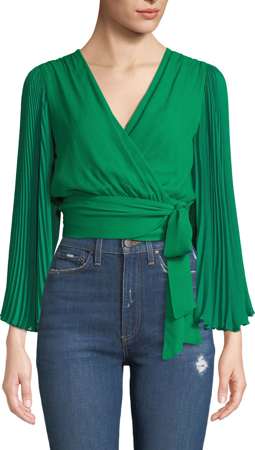 Alice + Olivia Bray Pleated-Sleeve Wrap Top