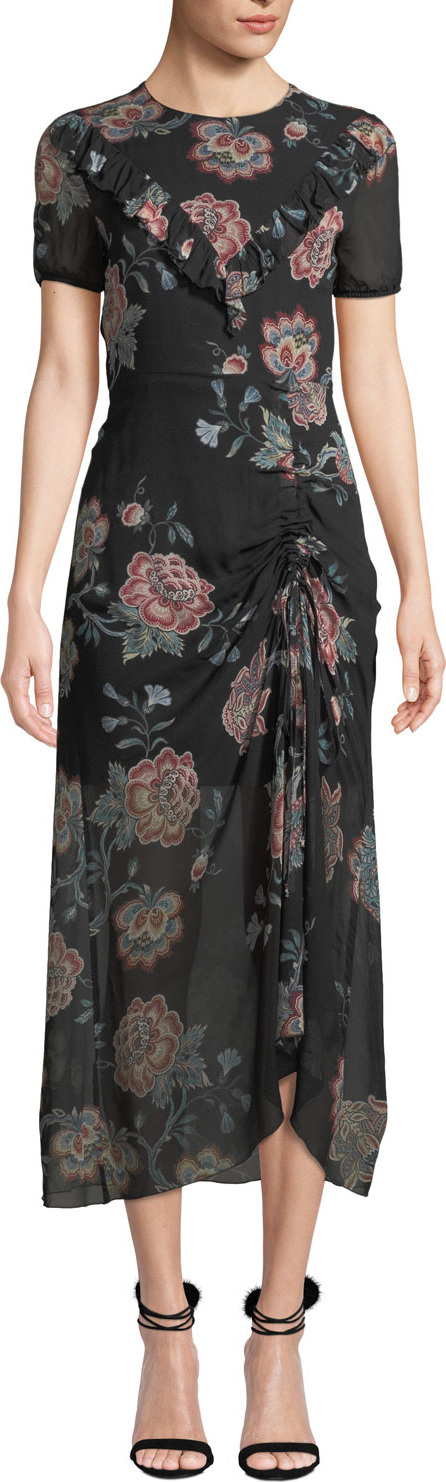 Pinko Ruched Floral-Print Ruffle Midi Dress