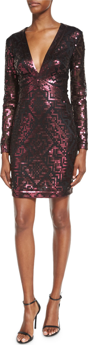 Tadashi Shoji Long-Sleeve Sequin Grid Sheath Dress, Raisin