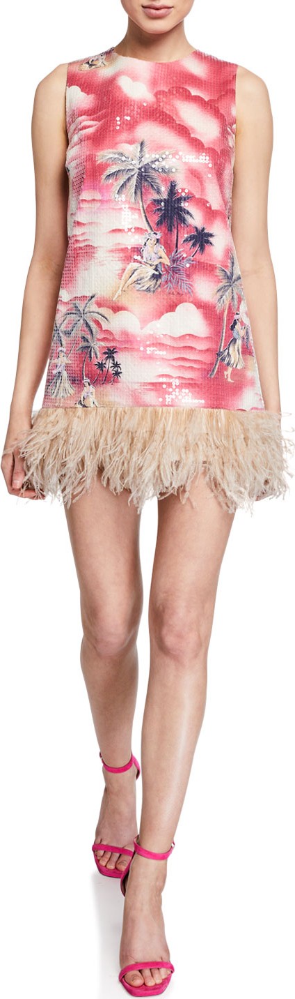Le Superbe Night Hawaiian Sequin Dress w/ Feathers