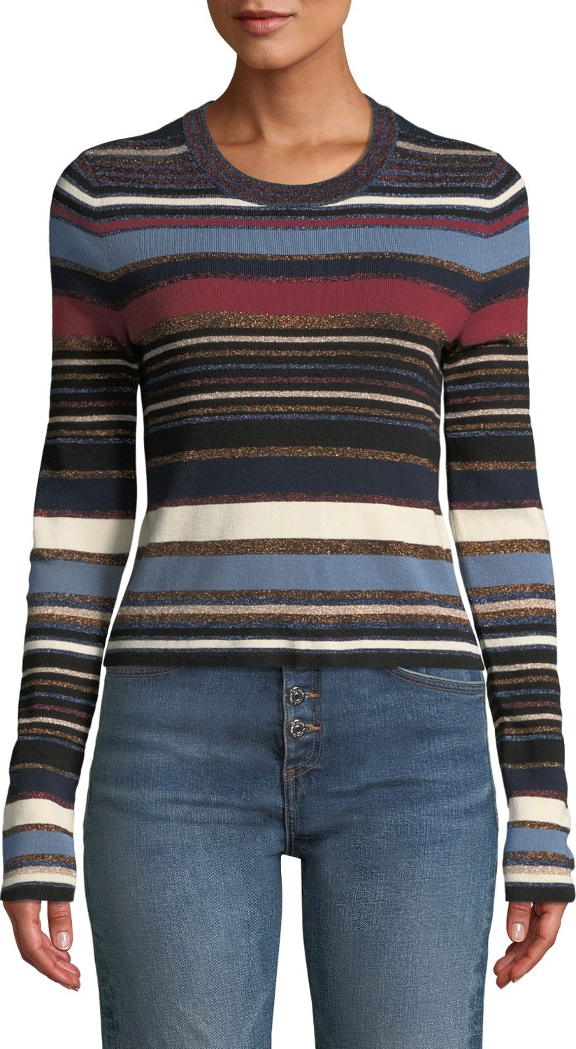 Veronica Beard Palmas Striped Metallic Cropped Sweater