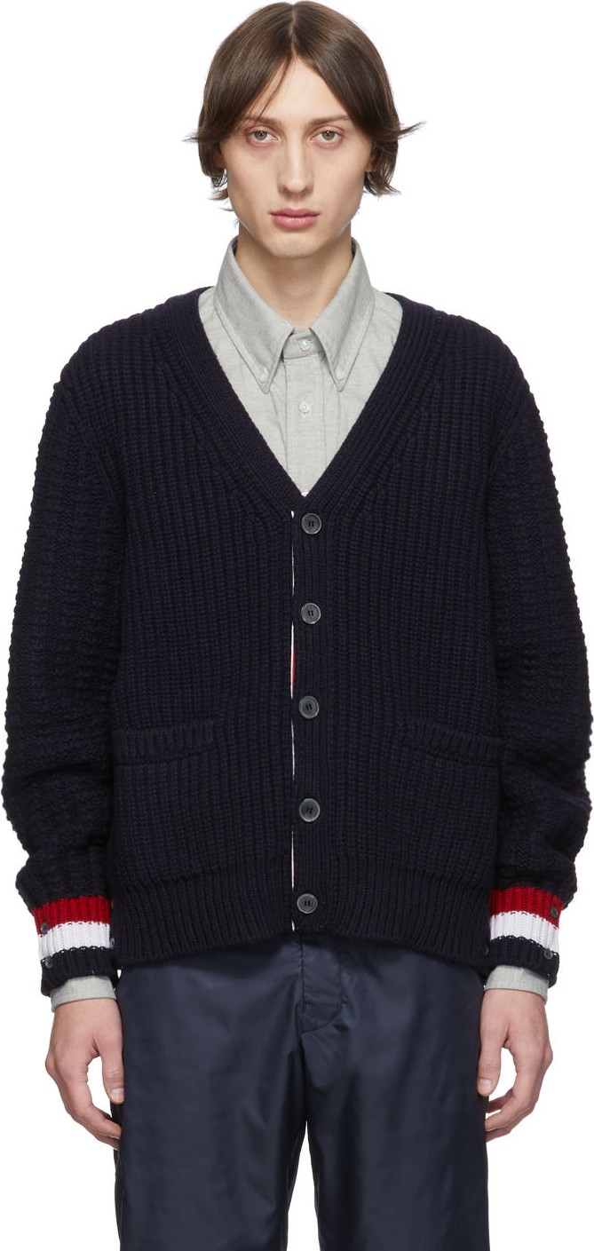 Thom Browne Navy Merino Chunky Fun-Mix Stitch Cardigan