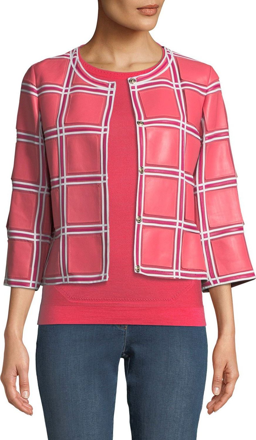 Escada Grid-Pattern 3/4-Sleeve Snap-Front Leather Jacket