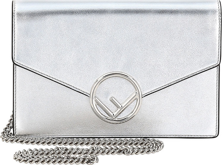 Fendi F Logo Mirror Calf Wallet On A Chain, Silver