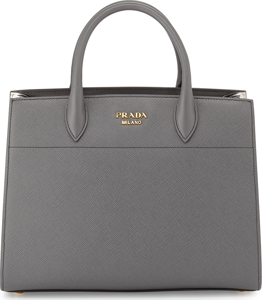 Prada Bibliothèque Medium Saffiano Top-Handle Tote Bag, Dark Gray/White (Mecurio/Talco)