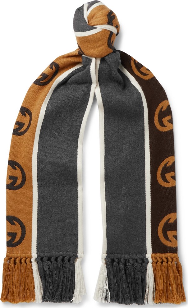 Gucci Tasselled Striped Logo-Intarsia Wool and Cotton-Blend Scarf
