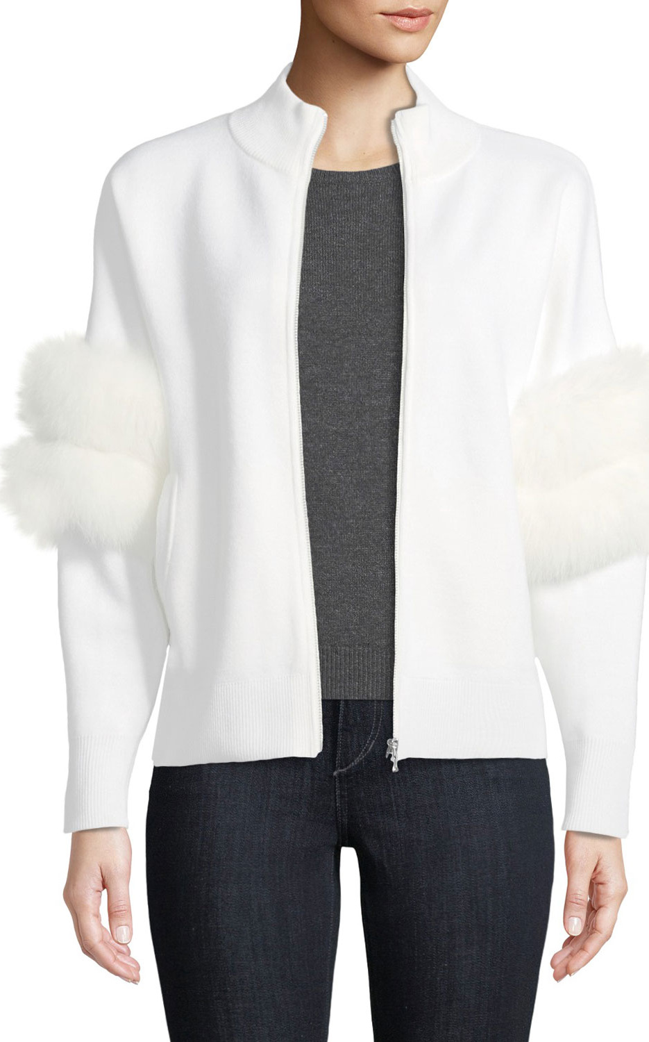 KOBI HALPERIN Annie Zip-Front Cardigan Sweater with Fox-Fur Sleeves KOBI HALPERIN Annie Zip-Front Cardigan Sweater with Fox-Fur Sleeves