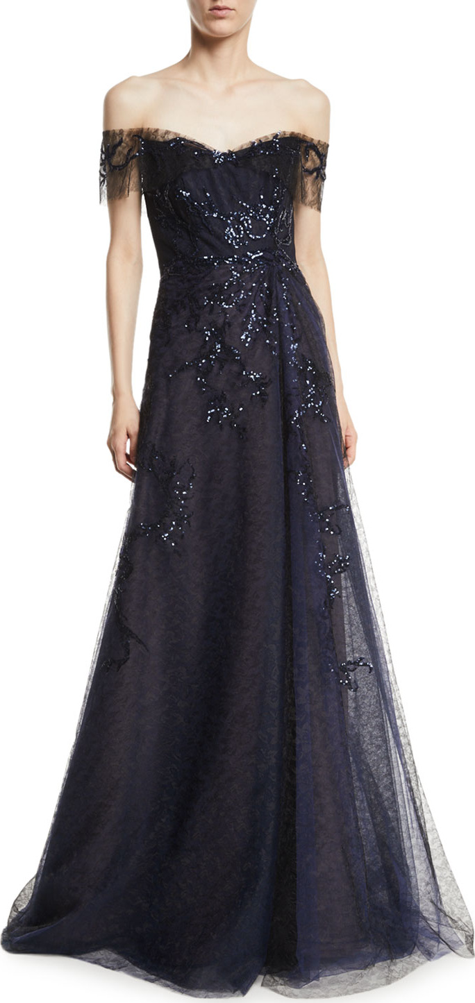 RENE RUIZ Off-the-Shoulder Beaded Gown