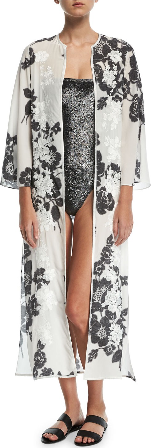 Marie France Van Damme Rose-Embroidered Silk Open Caftan Coverup