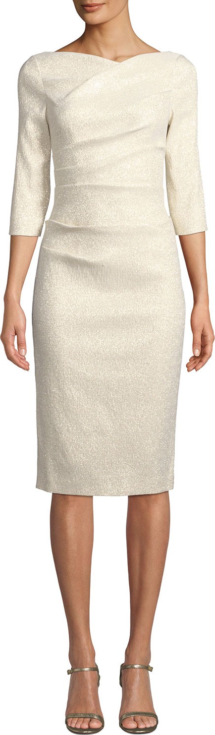 Rickie Freeman for Teri Jon Boat-Neck 3/4-Sleeve Metallic Cocktail Dress w/ Shirred Detail