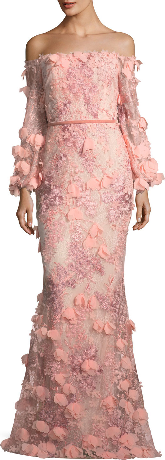 Marchesa Notte Off-the-Shoulder 3D Floral Mermaid Evening Gown
