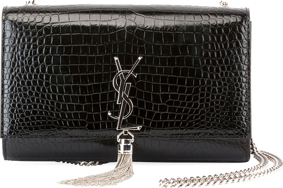 Saint Laurent Kate Monogram YSL Medium Crocodile-Embossed Tassel Shoulder Bag