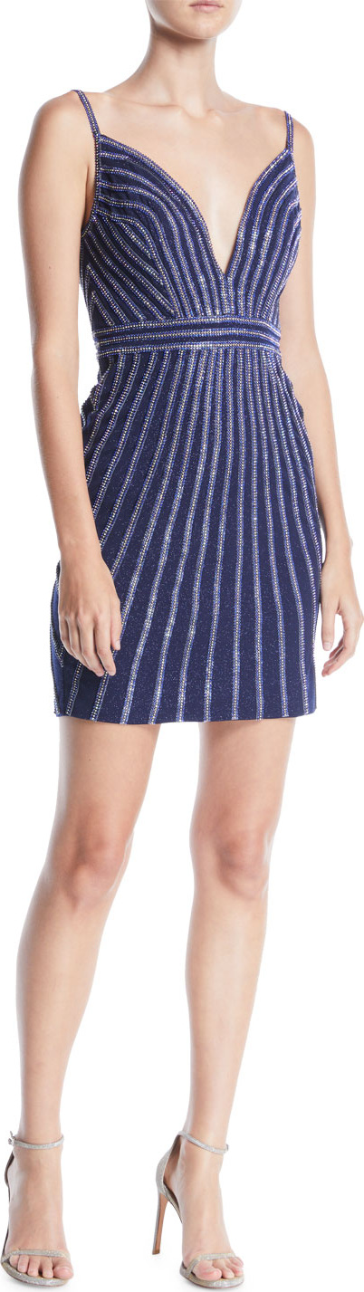 Jovani Plunging Striped Beaded Jersey Mini Cocktail Dress