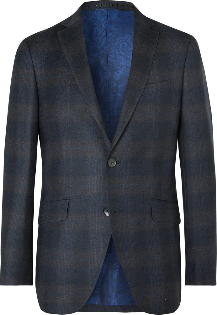 Etro Navy Slim-Fit Checked Wool Suit Jacket