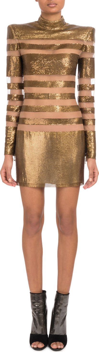 Balmain Long-Sleeve Mock-Neck Striped Mesh Metal Cocktail Dress on Tulle