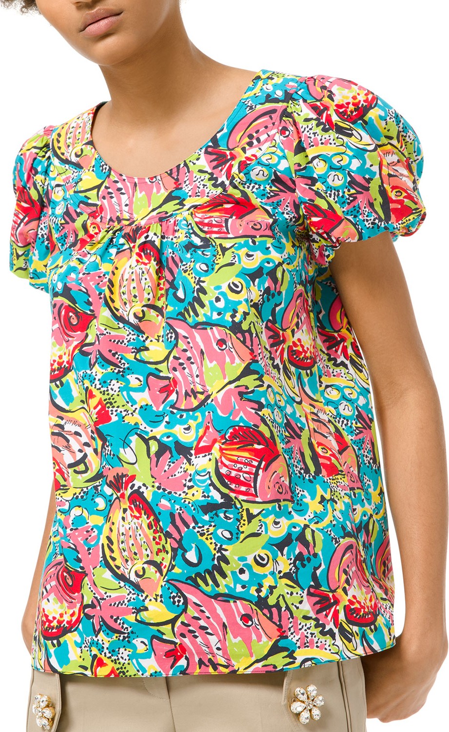 Michael Kors Collection Aquatic Sealife Poplin Puff-Sleeve Blouse