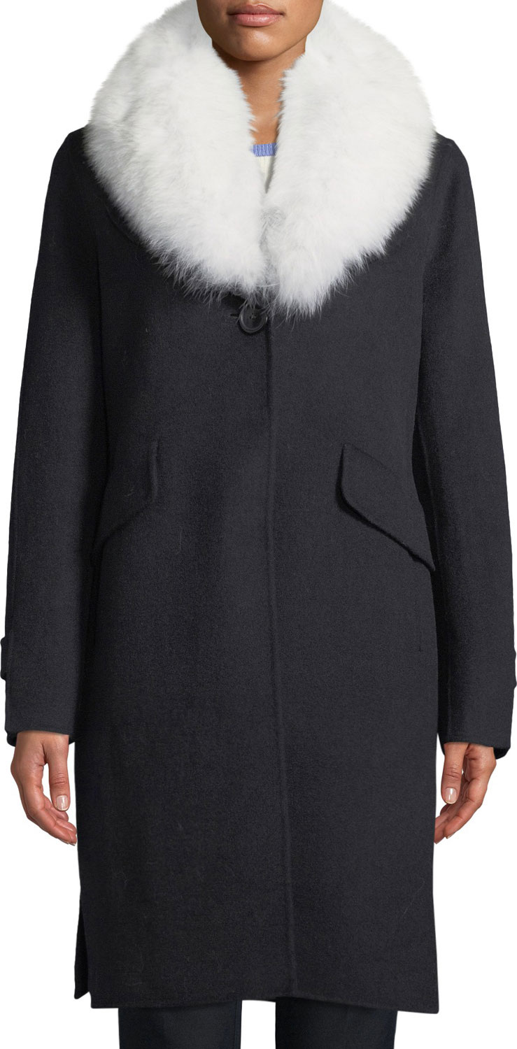 Derek Lam 10 Crosby Wool-Blend Midi Coat w/ Fur Shawl Collar