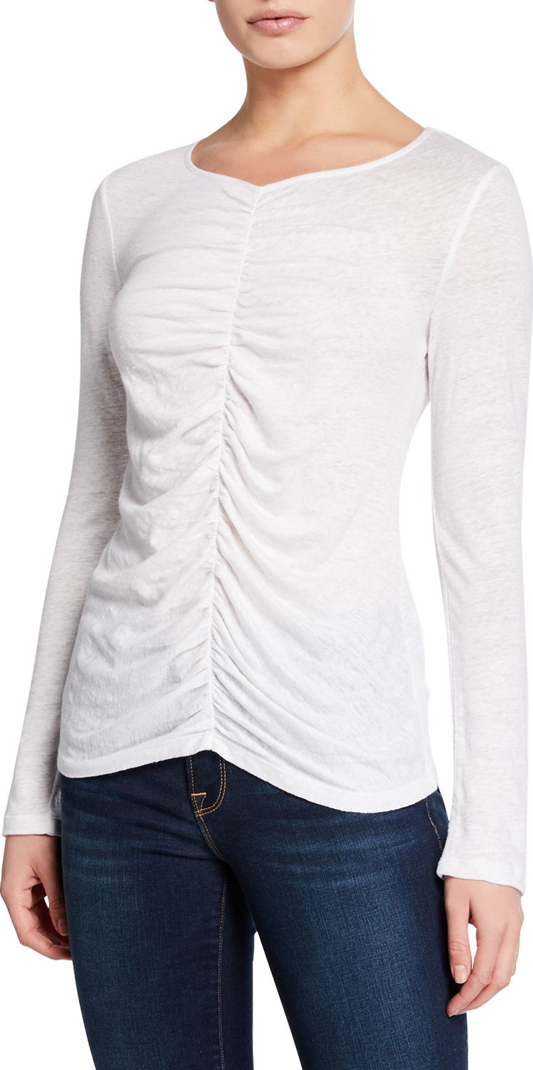 FRAME DENIM Shirred Linen Long-Sleeve Top