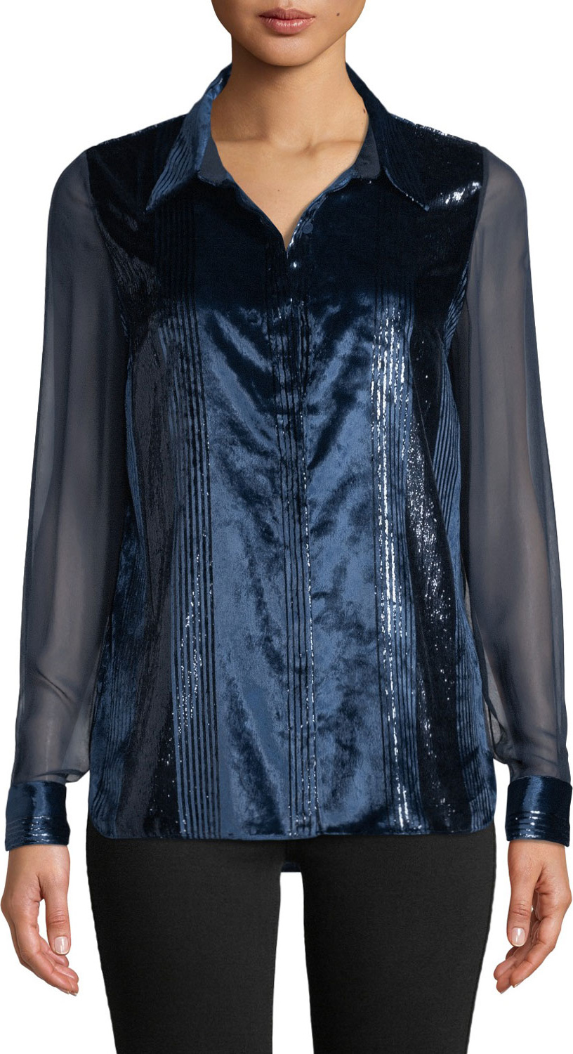 Elie Tahari Ingunn Button-Front Long-Sleeve Metallic-Striped Velvet Blouse