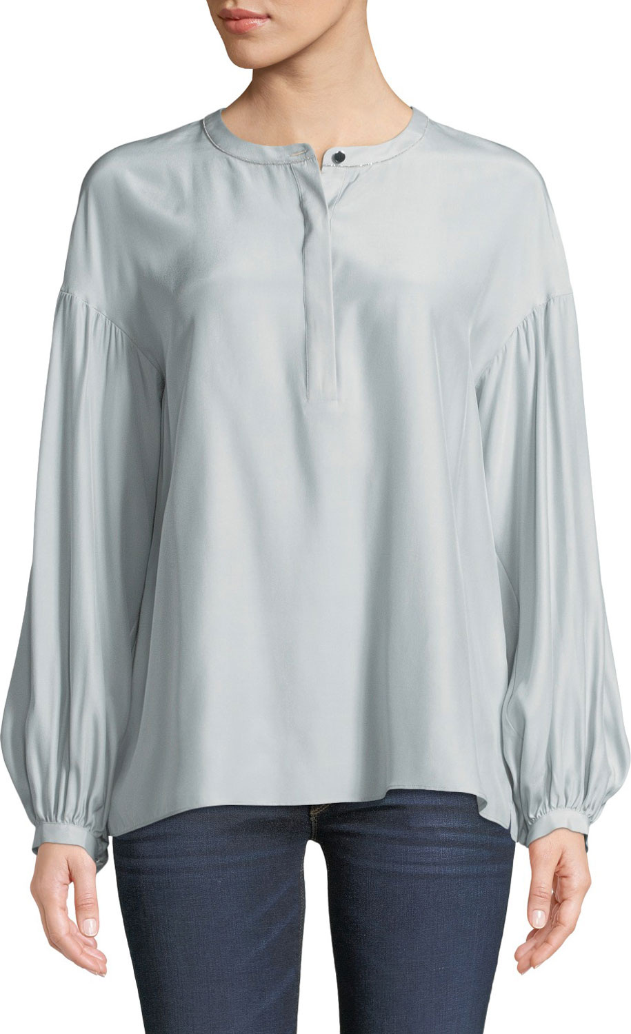 Lafayette 148 New York Kenzie Long-Sleeve Matte Silk Blouse w/ Chain Detail