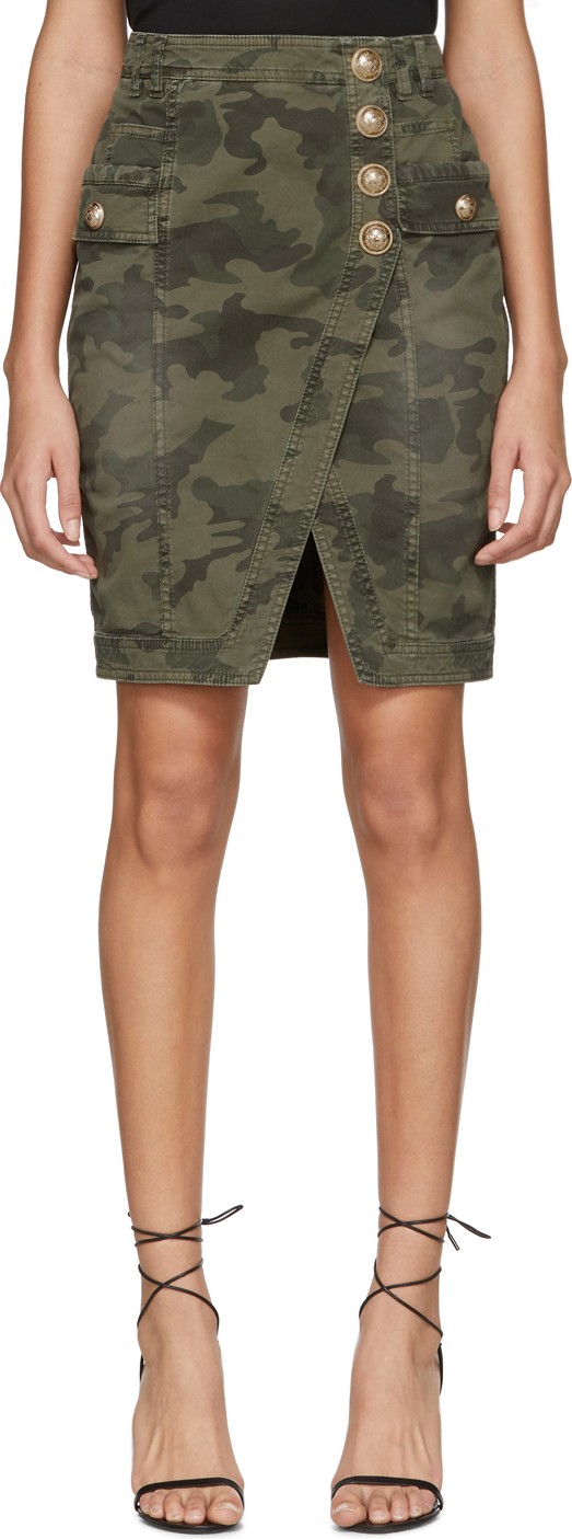 Balmain Khaki Denim Camo Wrap Miniskirt