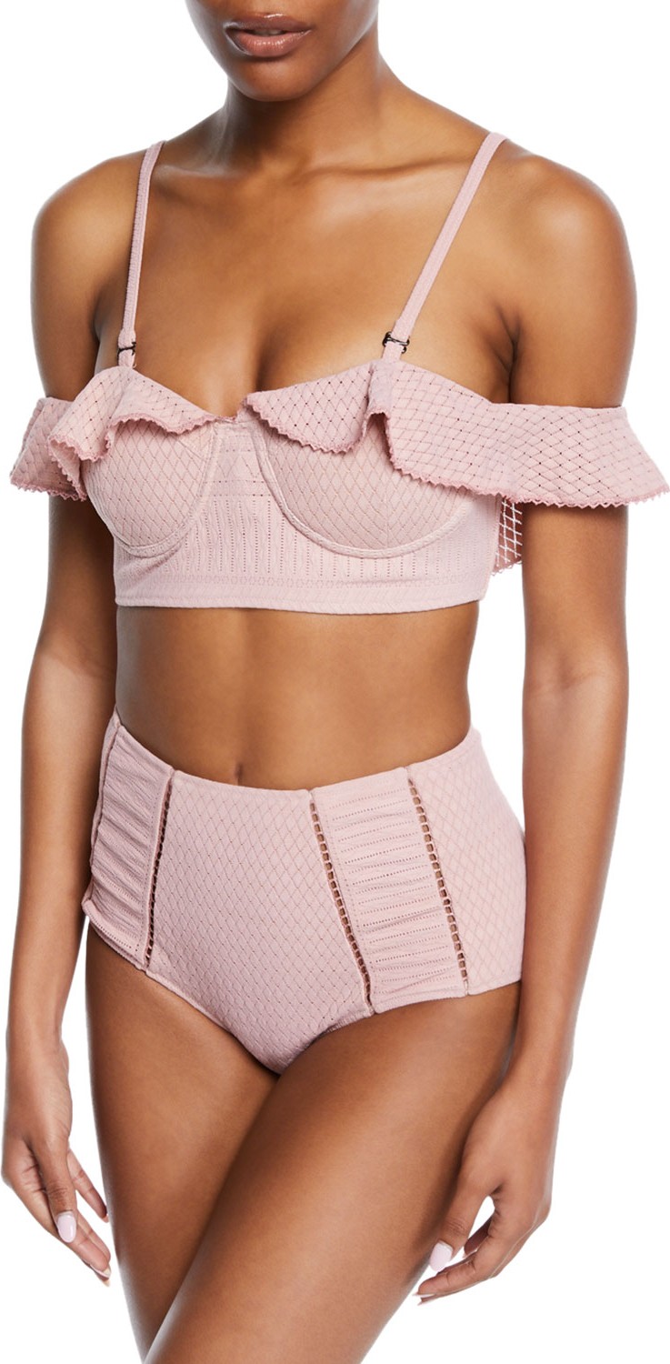 Jonathan Simkhai Lace Ruffle Cold-Shoulder Bikini Top