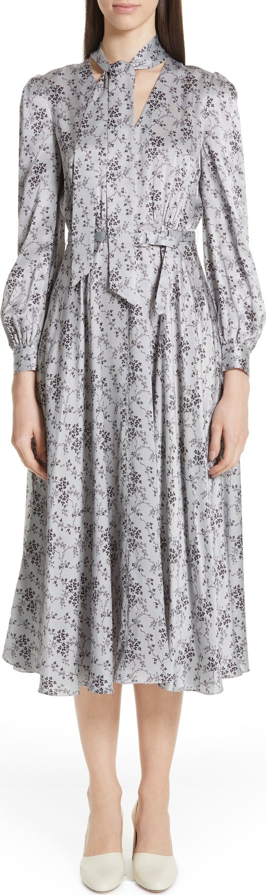 Co Floral Print Tie Neck Silk Dress