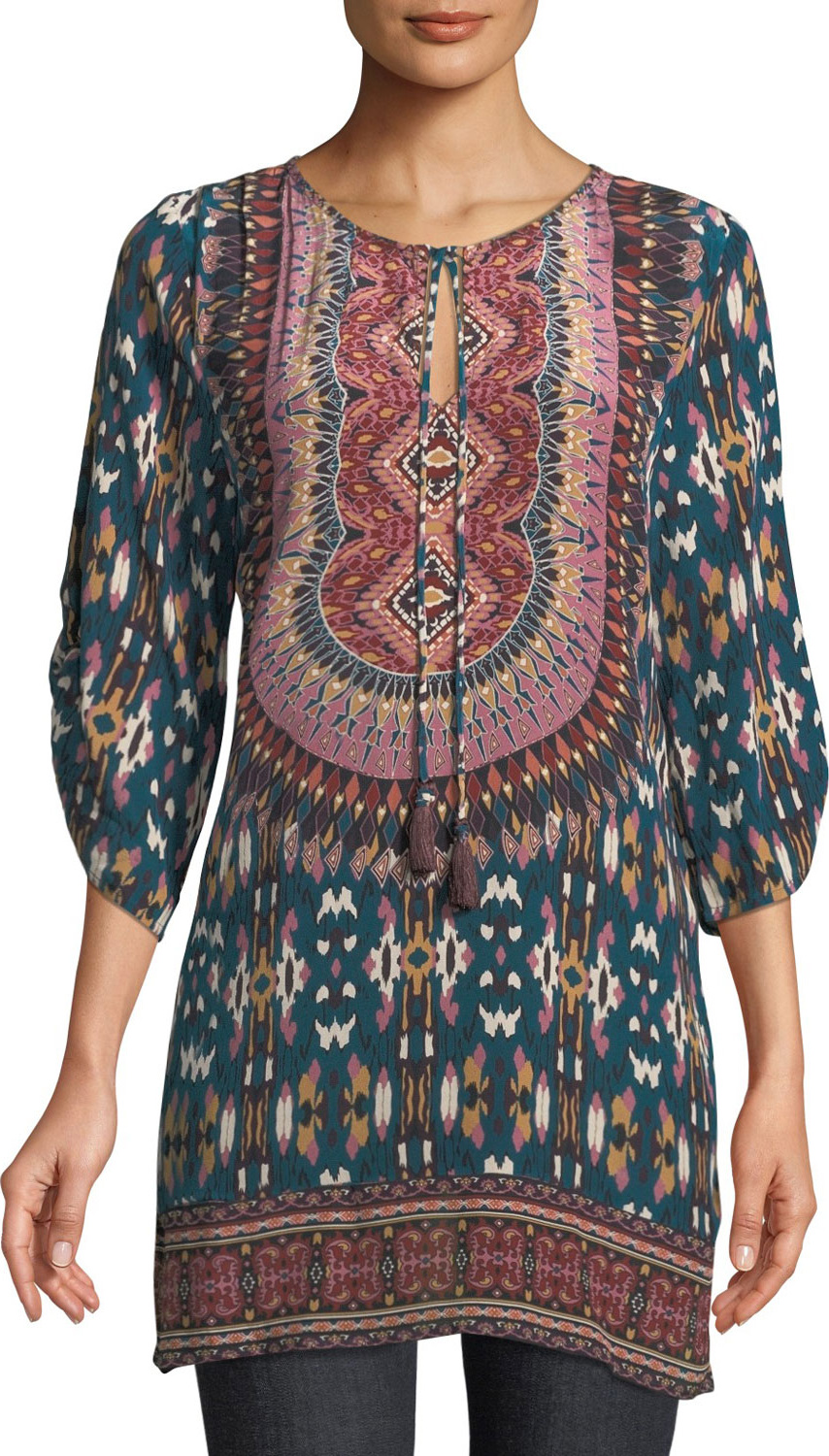 Tolani Krisanne Tassel-Neck Ruched-Sleeve Batik-Print Silk Tunic