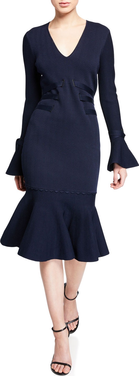 Jonathan Simkhai Grommet Jacquard V-Neck Ruffle Cocktail Dress