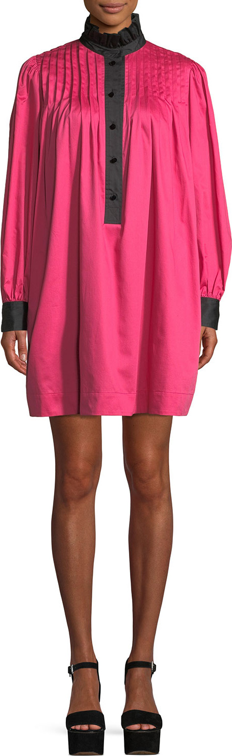 MARC JACOBS Ruffle-Collar Bicolor Long-Sleeve Cotton Pleated Shift Dress