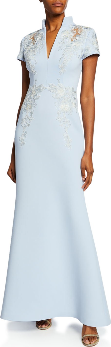 Badgley Mischka Embroidered Scuba Stand-Collar Gown