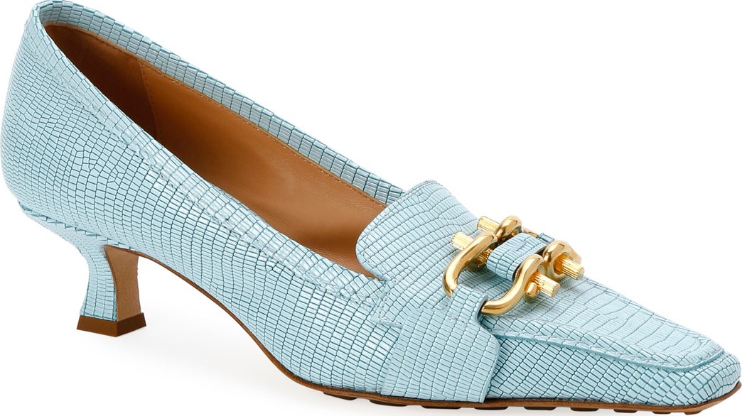 Bottega Veneta Tejus Lizard-Print Horsebit Slip-On Pumps