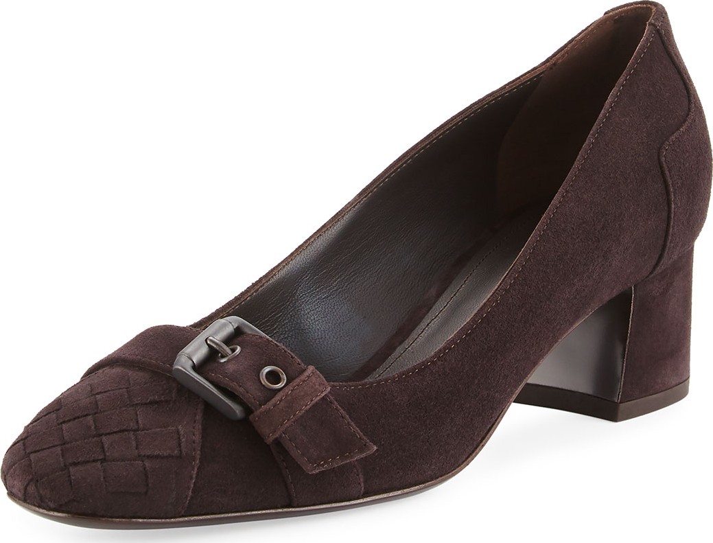 Bottega Veneta Suede Buckle-Toe 45mm Pump, Espresso