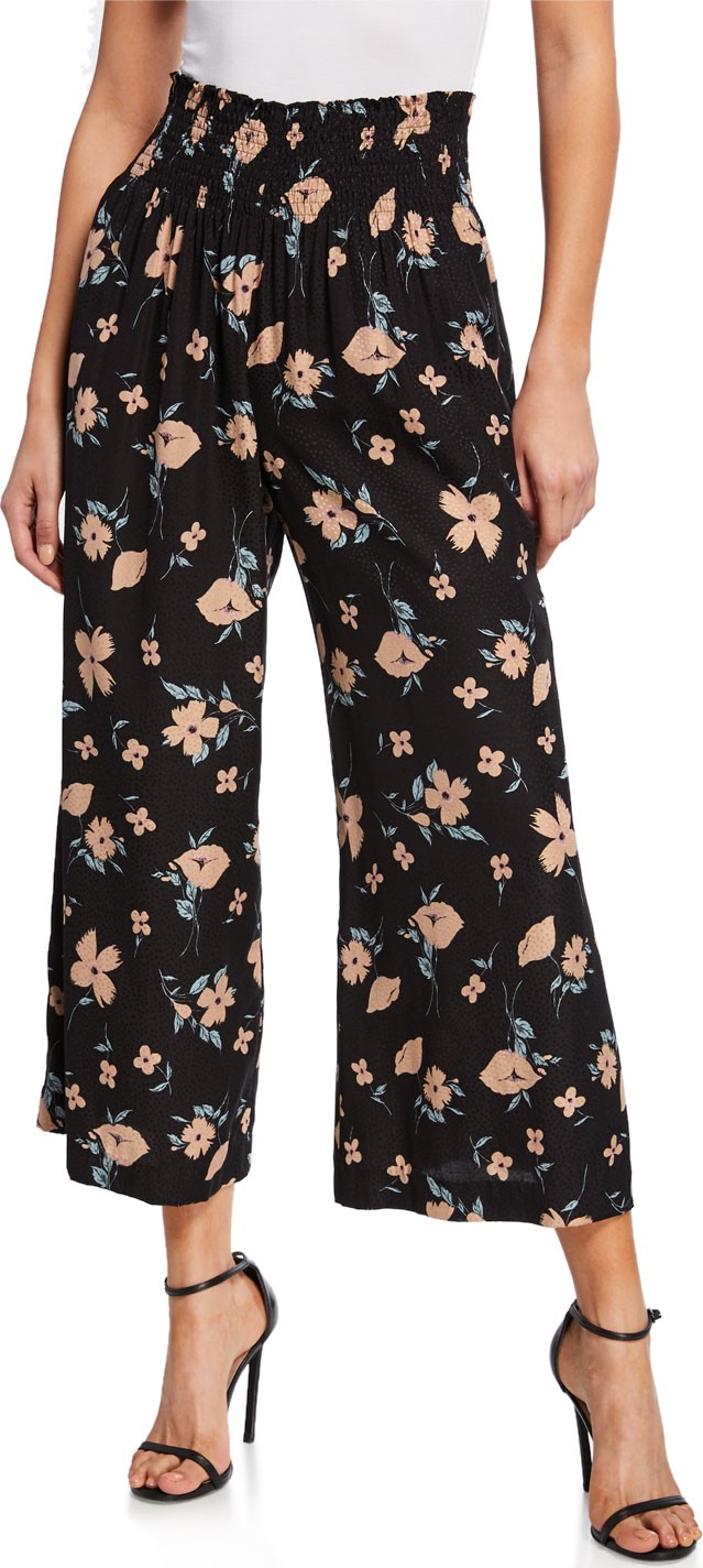 Rebecca Taylor Daniella Floral-Print Smock-Waist Wide-Leg Pants