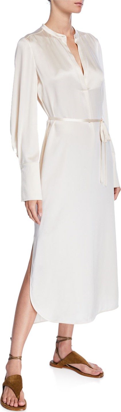 Vince Band-Collar Silk Midi Shirt Dress