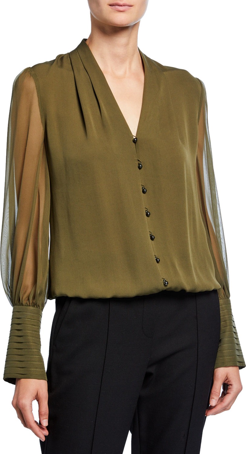 Elie Tahari Skylar V-Neck Button-Front Blouson-Sleeve Silk Blouse Elie Tahari Skylar V-Neck Button-Front Blouson-Sleeve Silk Blouse