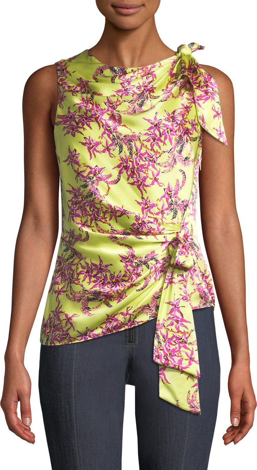 Cinq A Sept Nanon Gathered Floral Sleeveless Silk Top