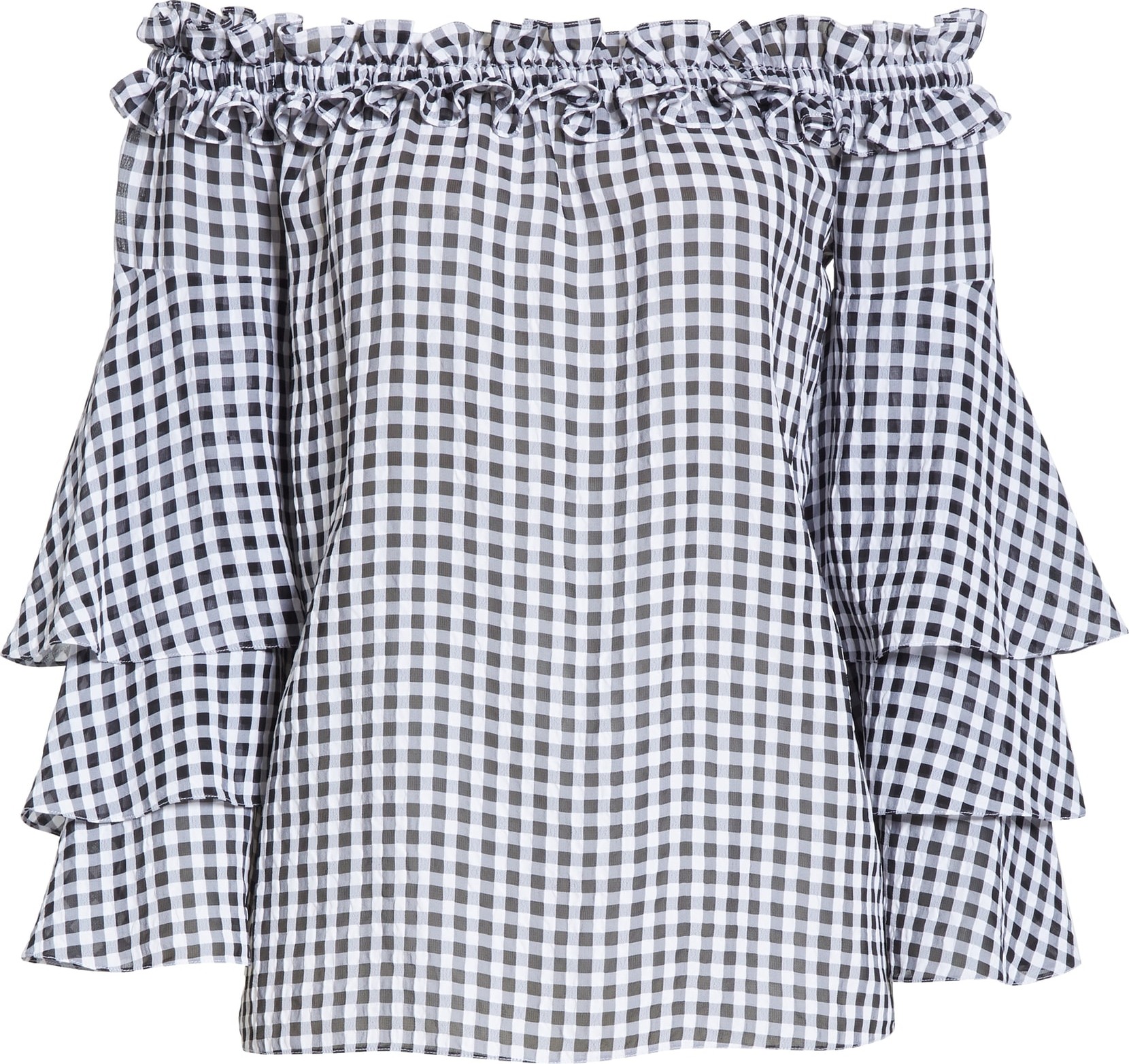 Michael Kors Gingham Tiered Sleeve Off the Shoulder Top