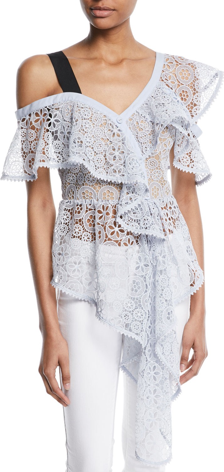 Self Portrait Asymmetric Floral Lace Ruffle Top