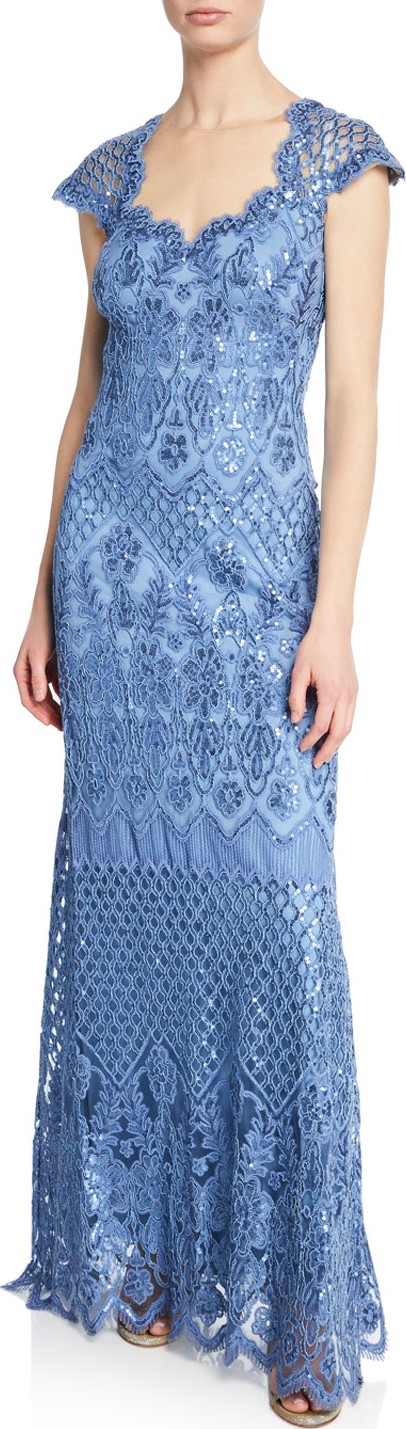 Tadashi Shoji Sequin Lace Sweetheart Cap-Sleeve Gown