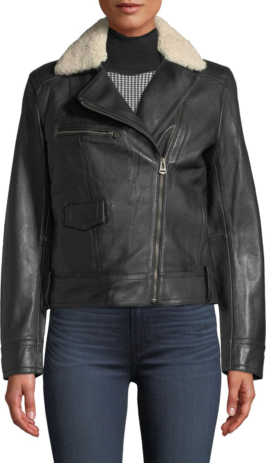 Cole Haan Bonded Leather Moto Jacket w/ Shearling Fur Trim
