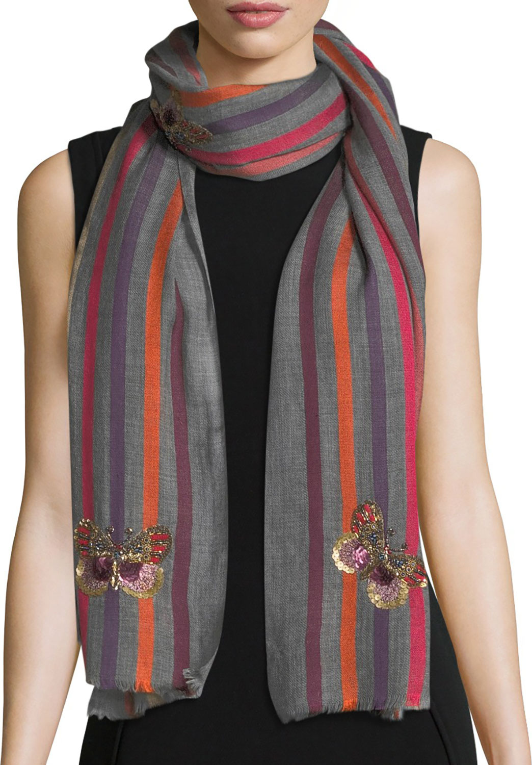 Janavi Butterfly Wool-Silk Striped Scarf