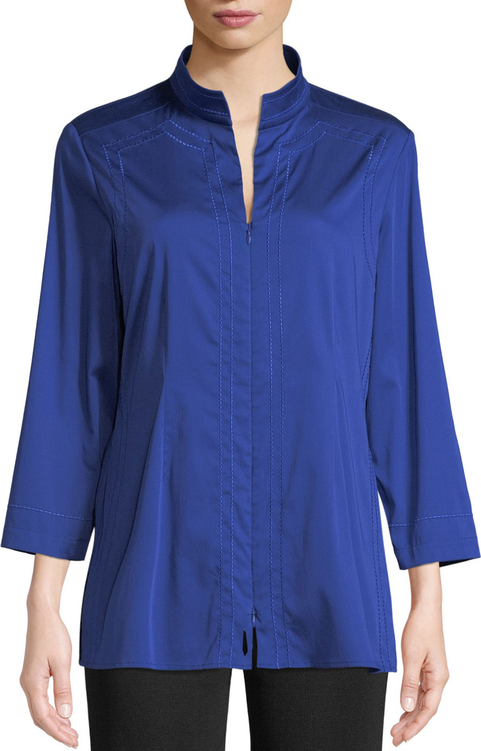 Misook Funnel-Neck Zip-Front Woven Blouse