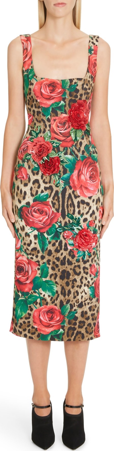 Dolce & Gabbana Embellished Rose & Leopard Print Cady Pencil Dress